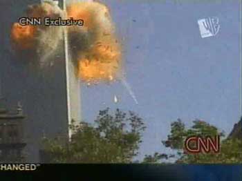 9/11 screen grab - 2nd plane hits south tower
